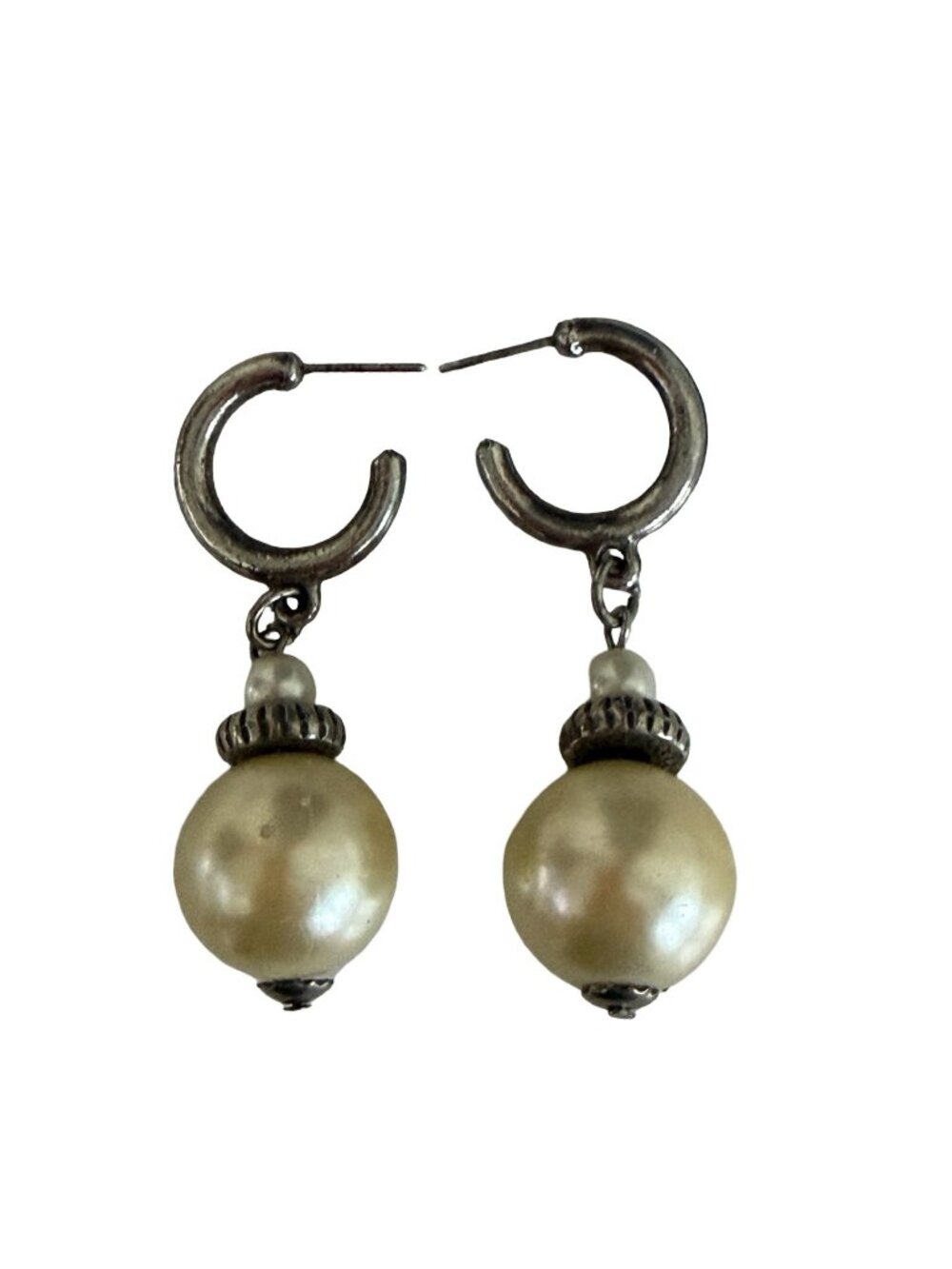 Vintage Faux Pearl Drop Hoop Earrings Silver Tone Dangle Classic Costume Jewelry